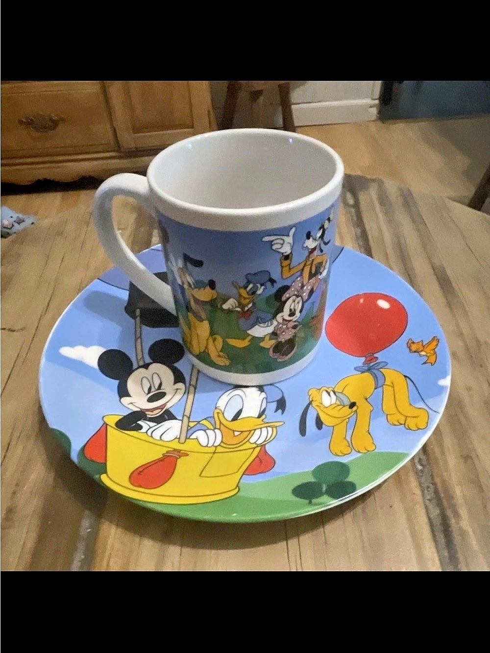 Disney Mickey & Friends Mug and Plate Set Blue & White Vintage Ceramic